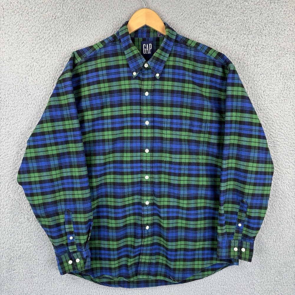 Vintage 90s Gap Plaid Shirt Long Shirt Mens XL Blue Green Button Down Oxford USA